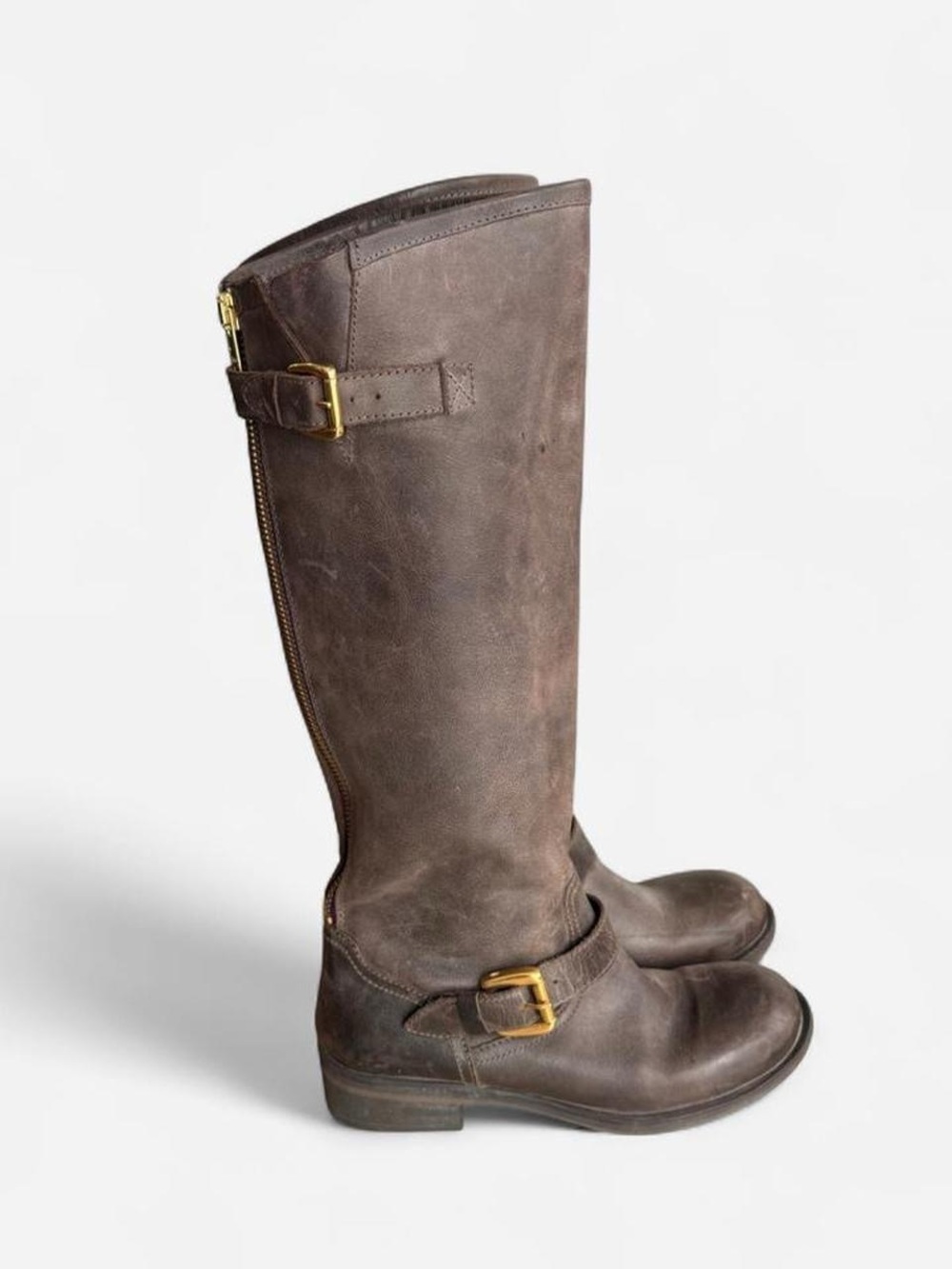 Steve Madden Brown Leather Buckle and Zipper Knee High Boots